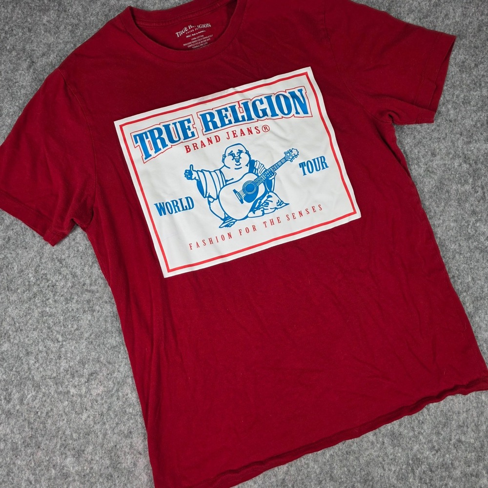 True Religion T-Shirt World Tour Buddha Red Crew Tee Dahlia Short‎ Sleeve Small